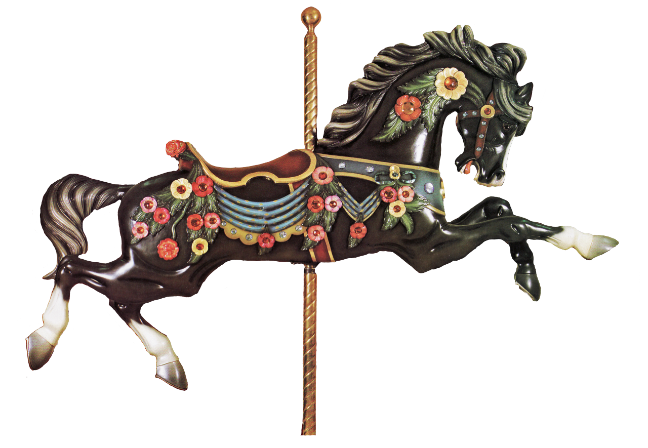 foto com fundo transparente de um cavalo de carrossel preto com três patas brancas. ele usa uma cela decorada com fitas azuis e flores vermelhas, rosas e amarelas. está relinchando e numa posição de trote ou salto
