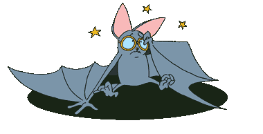 a gray bat called fufu, part of the animated TV show 'Sagwa the Chinese Siamese Cat,' is sitting on the floor looking like he has fallen down. little stars surround his head and one of his hands hold his gold frame round glasses