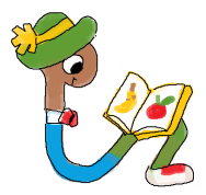 ilustração do personagem lowly worm, uma minhoquinha antropomórfica usando roupa, gravata, chapéu e sapato lendo um livro com figuras de frutas. arte por mossworm (tumblr)
